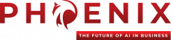 Phoenix Creative logo – red gradient phoenix icon forming the letter O, with tagline ‘The Future of AI in Business